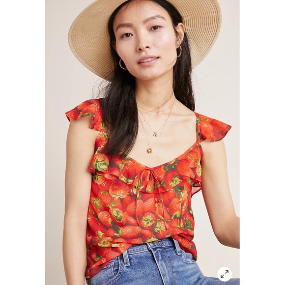 Anthropologie Tops - Anthropologie Ruffled Strawberry Print Semi-Sheer Top